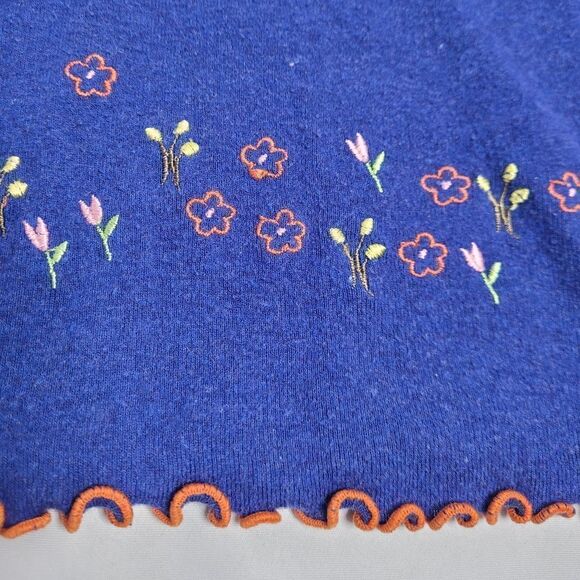 VINTAGE 90s shirt Vanity Fair top blue embroidered floral lettuce hem M - Picture 4 of 7